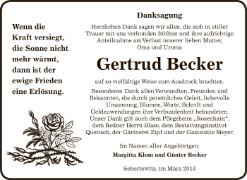 Traueranzeige von Gertrud Becker von WVG - Wochenspiegel Dessau / Köthen