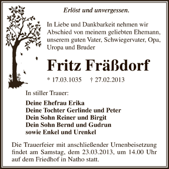 Traueranzeige von Fritz Fräßdorf von WVG - Wochenspiegel Dessau / Köthen