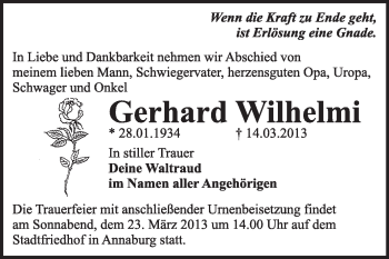 Traueranzeige von Gerhard Wilhelmi von WVG - Wochenspiegel Wittenberg