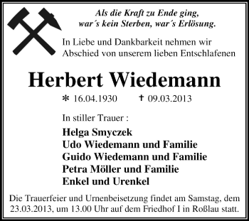 Traueranzeige von Herbert Wiedemann von Super Sonntag Dessau / Köthen