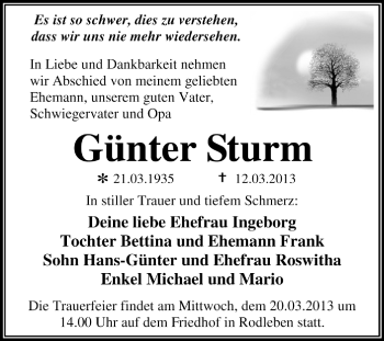Traueranzeige von Günter Sturm von Super Sonntag Dessau / Köthen