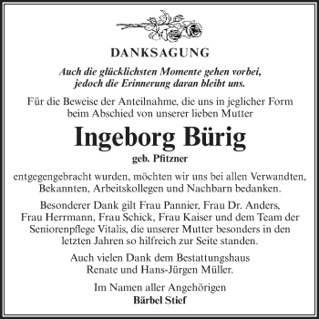 Traueranzeige von Ingeborg Bürig von WVG - Wochenspiegel Aschersleben