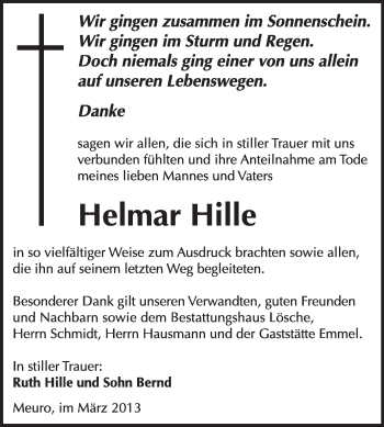 Traueranzeige von Helmar Hille von WVG - Wochenspiegel Wittenberg