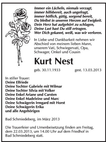 Traueranzeige von Kurt Nest von WVG - Wochenspiegel Wittenberg