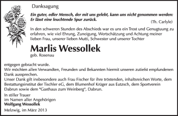 Traueranzeige von Marlis Wessollek von WVG - Wochenspiegel Wittenberg