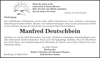 Traueranzeige von Manfred Deutschbein von Super Sonntag Bernburg