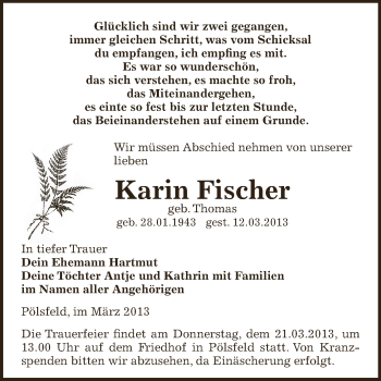 Traueranzeige von Karin Fischer von Super Sonntag SGH Mansf. Land