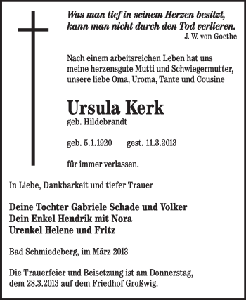Traueranzeige von Ursula Kerk von Super Sonntag Wittenberg