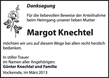 Traueranzeige von Margot Knechtel von WVG - Wochenspiegel Wittenberg