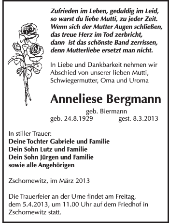 Traueranzeige von Anneliese Bergmann von WVG - Wochenspiegel Wittenberg