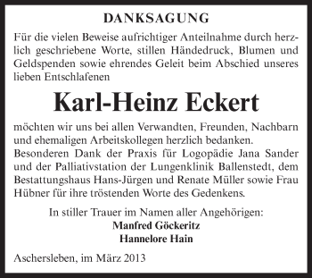 Traueranzeige von Karl-Heinz Eckert von Super Sonntag Aschersleben