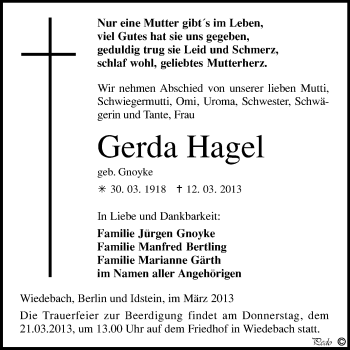 Traueranzeige von Gerda Hagel von WVG - Wochenspiegel NMB / WSF / ZTZ