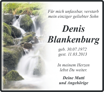 Traueranzeige von Denis Blankenburg von WVG - Wochenspiegel Quedlinburg