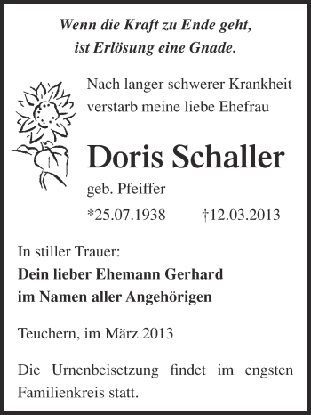 Traueranzeige von Doris Schaller von WVG - Wochenspiegel NMB / WSF / ZTZ