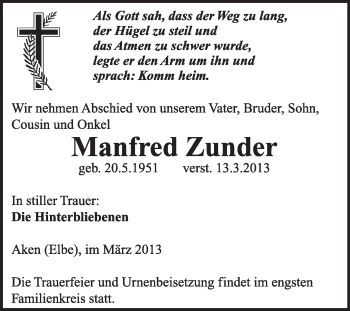 Traueranzeige von Manfred Zunder von Super Sonntag Dessau / Köthen