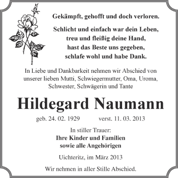 Traueranzeige von Hildegard Naumann von WVG - Wochenspiegel NMB / WSF / ZTZ