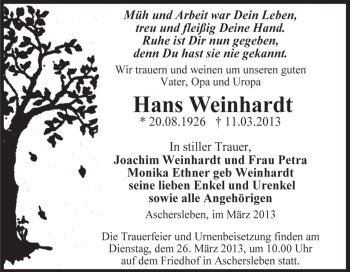 Traueranzeige von Hans Weinhardt von WVG - Wochenspiegel Aschersleben