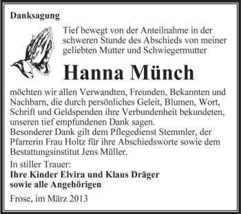 Traueranzeige von Hanna Münch von WVG - Wochenspiegel Aschersleben