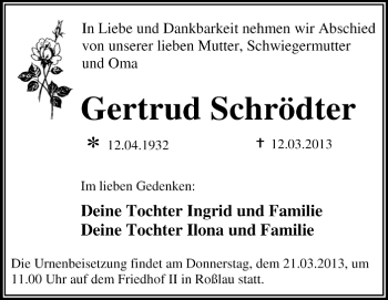 Traueranzeige von Gertrud Schrödter von Super Sonntag Dessau / Köthen