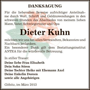 Traueranzeige von Dieter Kuhn von Super Sonntag Zeitz