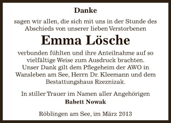 Traueranzeige von Emma Lösche von Wochenspiegel Mansfelder Land