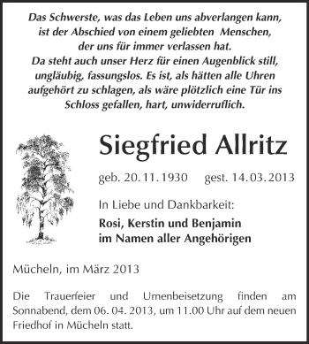 Traueranzeige von Siegfried Allritz von WVG - Wochenspiegel Merseburg