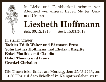 Traueranzeige von Liesbeth Hoffmann von WVG - Wochenspiegel Bernburg