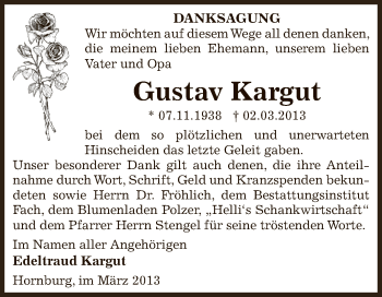 Traueranzeige von Gustav Kargut von Wochenspiegel Mansfelder Land