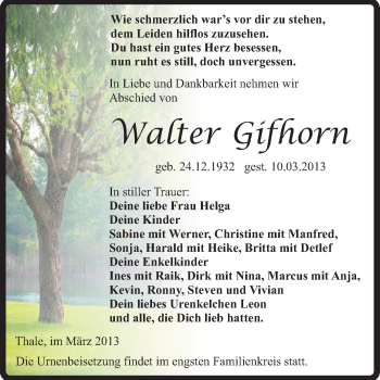 Traueranzeige von Walter Gifhorn von WVG - Wochenspiegel Quedlinburg