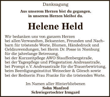 Traueranzeige von Helene Held von Super Sonntag Bernburg