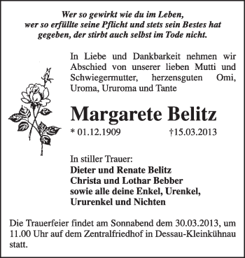 Traueranzeige von Margarete Belitz von Super Sonntag Dessau / Köthen