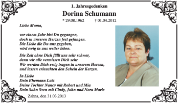 Traueranzeige von Dorina Schumann von Super Sonntag Wittenberg
