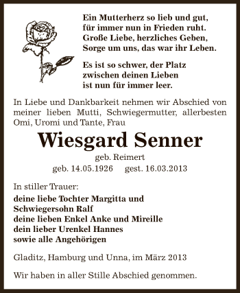 Traueranzeige von Wiesgard Senner von Super Sonntag Zeitz
