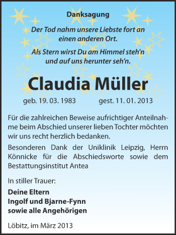 Traueranzeige von Claudia Müller von WVG - Wochenspiegel NMB / WSF / ZTZ
