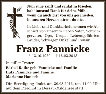 Traueranzeige von Franz Pannicke von WVG - Wochenspiegel Dessau / Köthen