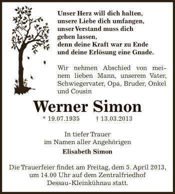Traueranzeige von Werner Simon von WVG - Wochenspiegel Dessau / Köthen