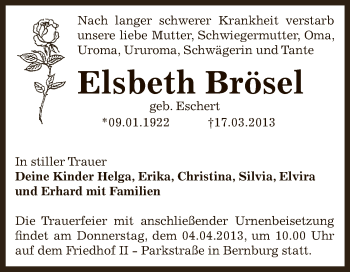 Traueranzeige von Elsbeth Brösel von Super Sonntag Bernburg
