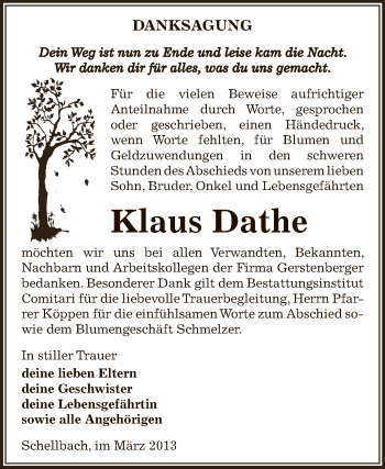 Traueranzeige von Klaus Dathe von Super Sonntag Zeitz
