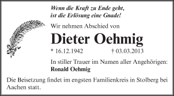 Traueranzeige von Dieter Oehmig von Super Sonntag Aschersleben