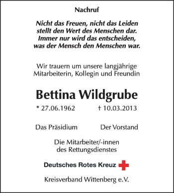 Traueranzeige von Bettina Wildgrube von Super Sonntag Wittenberg