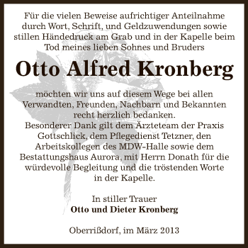 Traueranzeige von Otto Alfred Kronberg von Super Sonntag Bernburg