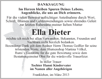 Traueranzeige von Ella Dieter von Super Sonntag Merseburg