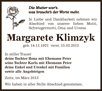 Traueranzeige von Margarete Klimzyk von Super Sonntag Zeitz