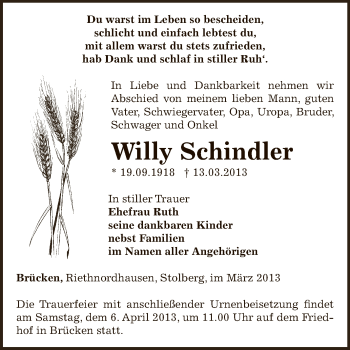 Traueranzeige von Willy Schindler von Super Sonntag SGH Mansf. Land