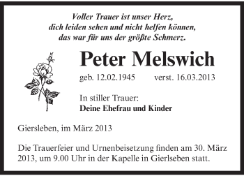 Traueranzeige von Peter Melswich von Super Sonntag Aschersleben