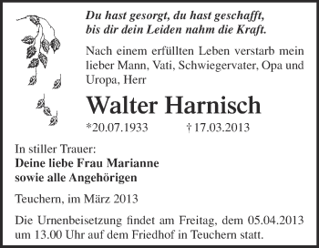 Traueranzeige von Walter Harnisch von WVG - Wochenspiegel NMB / WSF / ZTZ