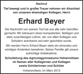 Traueranzeige von Erhard Beyer von WVG - Wochenspiegel NMB / WSF / ZTZ