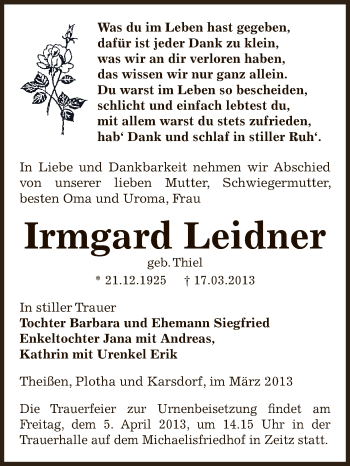 Traueranzeige von Irmgard Leidner von Super Sonntag Zeitz