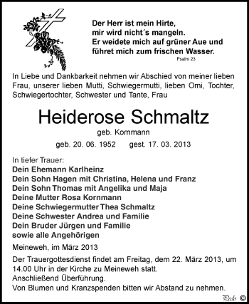 Traueranzeige von Heiderose Schmaltz von WVG - Wochenspiegel NMB / WSF / ZTZ