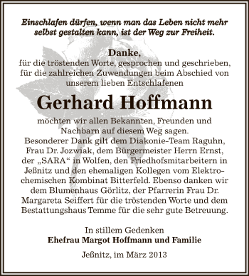Traueranzeige von Gerhard Hoffmann von WVG - Wochenspiegel Bitterfeld